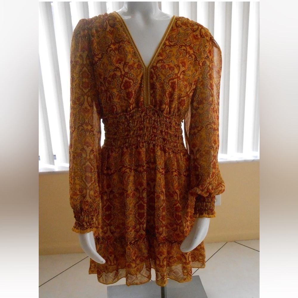 MAX STUDIO YELLOW/RUST FLORAL SMOCKED DRESS